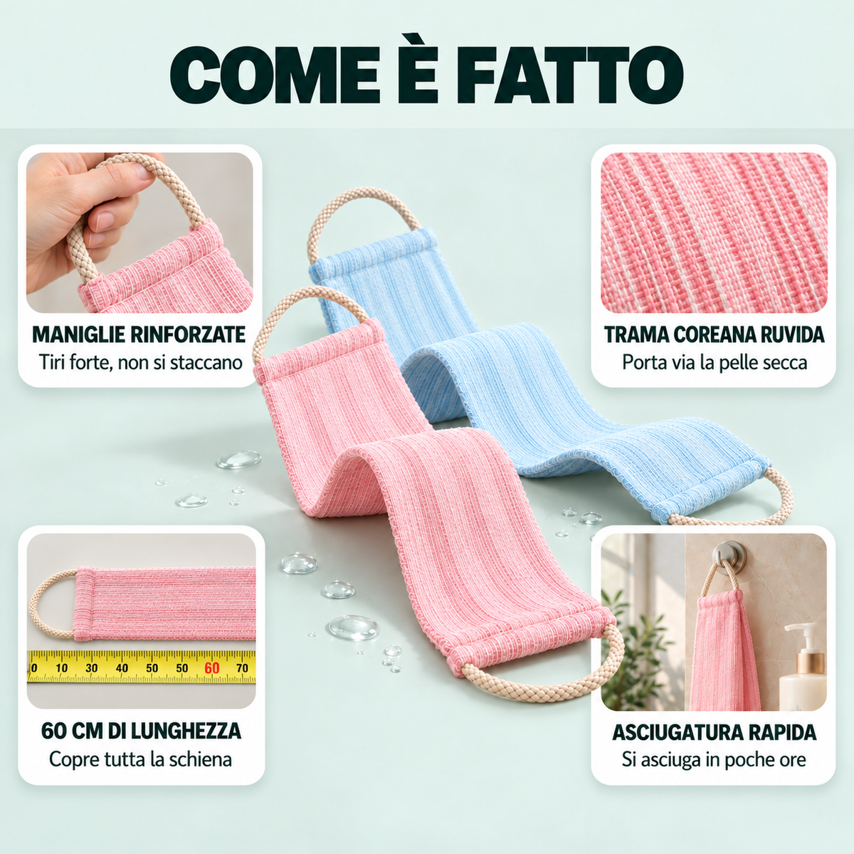 Exfoliating Back Scrubber Towel Double Loop Long Bath Body Wash Cloth Skin Deep Cleaning Shower Massage Bathroom Accessories